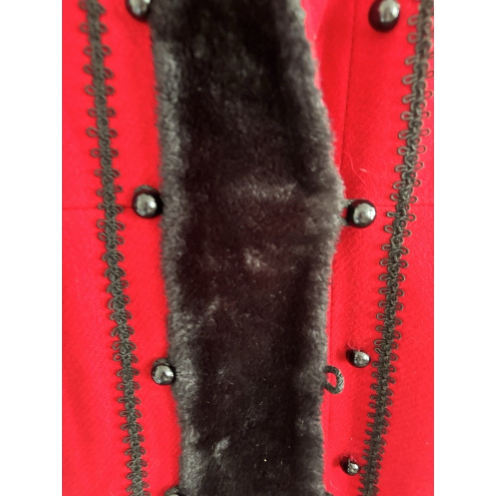 Vintage 1960s Red Princess Coat Wool Black Faux Fur Trim Hoood Long Sz S A-Line - Picture 2 of 16